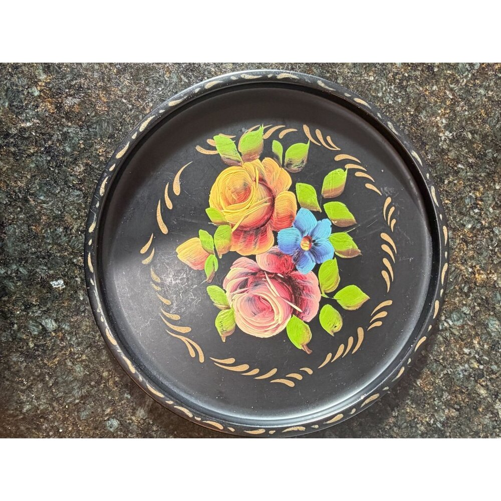 Vintage Hand-Painted, 11" Metal Toleware Round Tray